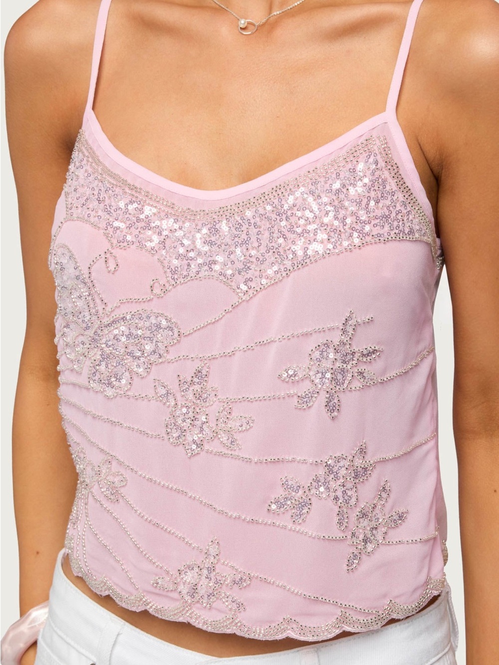 Pink Embellished Spaghetti Strap Cami Top